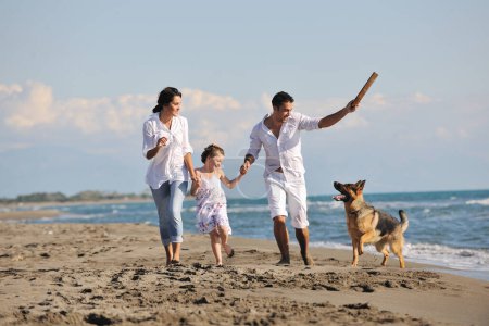 Téléchargez les photos : Heureux famille jouer avec chien sur la plage - en image libre de droit