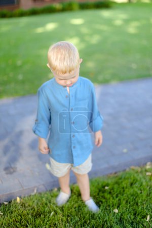 Téléchargez les photos : Petit garçon blond en jeans chemise debout sur l'herbe. - en image libre de droit