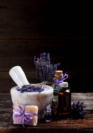 Photo for Lavender aroma soap on wooden table - Royalty Free Image