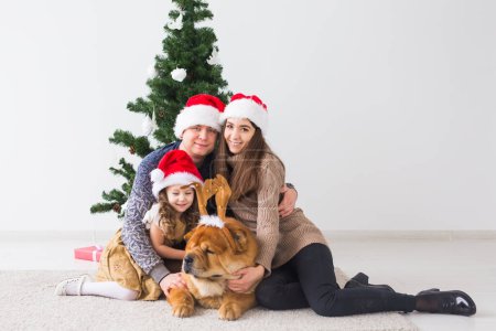 Téléchargez les photos : Animaux de compagnie, vacances et concept festif - Famille avec chien sont debout près de l'arbre de Noël
. - en image libre de droit