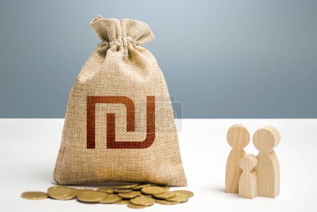 Photo for Israeli shekel money bag with money and family figurines. Financial support for social institutions. Investments in human capital, culture social projects. Providing assistance to citizens. - Royalty Free Image