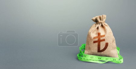 Photo for Turkish lira money bag and measuring tape meter. Analysis of economic situation. Declaration of income, illegal enrichment. Formation and optimization of the budget, savings. Assessment of capital. - Royalty Free Image