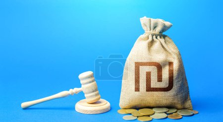 Photo for Israeli shekel money bag and judge's gavel. Litigation, dispute resolution, conflict of interest settlement. Awarding moral financial compensation. Protection rights. Justice. Lawyer services. - Royalty Free Image