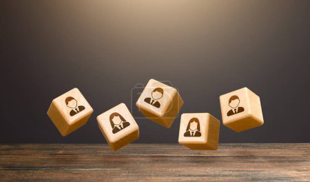 Photo for Levitating blocks with employees on a dark background. Human resources. Team creation for a new project. Leadership. Hiring and recruiting staff workers. Formation of effective working group. - Royalty Free Image