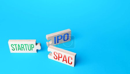 Photo for Choice between two puzzle connections. Simplified listing entry of a business startup to stock exchange using SPAC (Special purpose acquisition company) or IPO. Simplified listing of company - Royalty Free Image