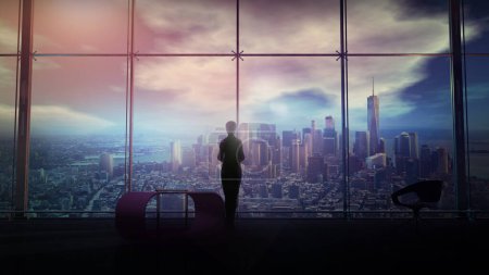 Téléchargez les photos : Une femme d'affaires regarde à travers la fenêtre panoramique du paysage urbain, rendu 3D. - en image libre de droit