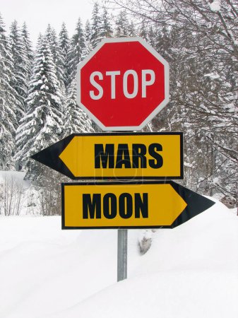 Photo for Mars and moon road sign in winter - Royalty Free Image