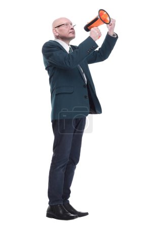 Téléchargez les photos : Irrité homme d'affaires parlant à travers un mégaphone. en pleine croissance - en image libre de droit