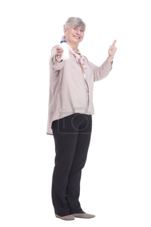 Photo for Smiling old woman with hand sanitizer. isolated on a white - Royalty Free Image