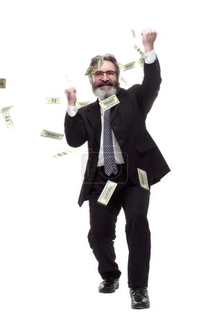 Photo for Happy businessman in the rain of banknotes. isolated on a white - Royalty Free Image