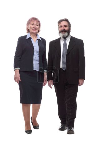 Photo for "businessman and businesswoman walking together. isolated on a wh" - Royalty Free Image