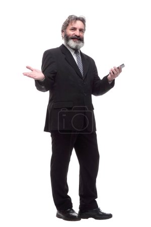 Photo for Happy bearded businessman with a smartphone. isolated on a white - Royalty Free Image