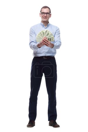 Foto de Hombre feliz con billetes de dinero. aislado en un blanco - Imagen libre de derechos