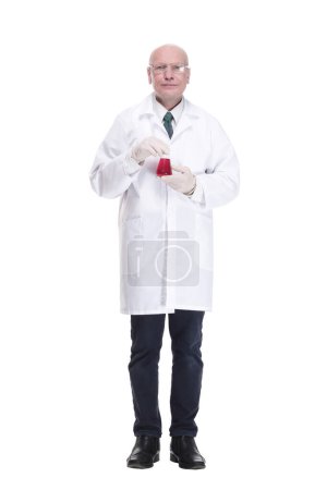 Photo for Medical researcher with a laboratory flask. isolated on a white - Royalty Free Image