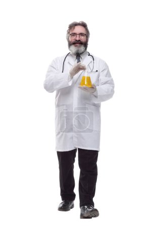 Photo for Doctor with a laboratory flask striding forward . isolated - Royalty Free Image