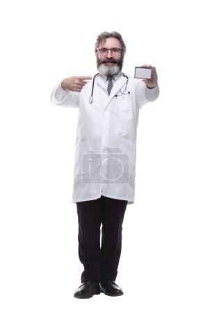 Photo for Friendly doctor therapist showing his visiting card . isolated - Royalty Free Image
