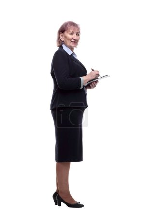 Photo for "business woman making notes in clipboard. isolated on a white" - Royalty Free Image