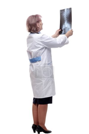 Téléchargez les photos : Une femme médecin qui regarde une radiographie. isolé sur un blanc - en image libre de droit