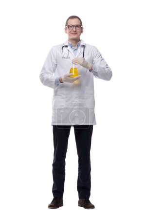 Photo for Young scientist showing a laboratory flask . isolated on a white - Royalty Free Image