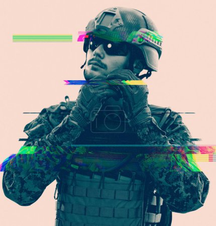 Photo for Soldier preparing gear for action glitch effect - Royalty Free Image