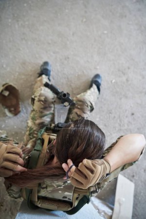 Photo for Military female soldier having a break - Royalty Free Image