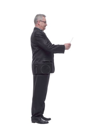Photo for Side view of cheerful businessman touching digital tablet - Royalty Free Image