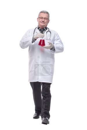 Photo for Doctor, the man shows an liquid. Concept of medic, beaker, biology, chemistry, control, workwear. Isolate on a white background - Royalty Free Image