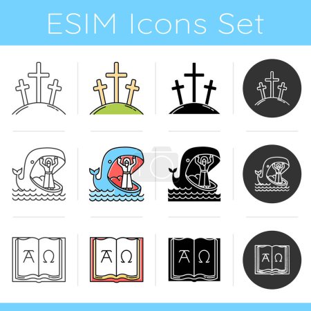 Photo for Bible narratives icons set. Calvary, Jonah and whale, Alpha and Omega. Old, New Testament studying. Holy Writ stories. Flat design, linear, black and color styles. Isolated  illustrations - Royalty Free Image