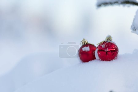 Photo for Red christmas balls in fresh snow - Royalty Free Image