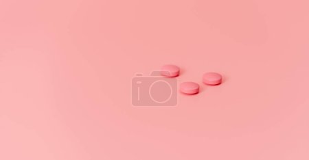 Photo for Old rose round tablet pills on old rose background. Pharmaceutical industry. Healthcare and medicine. Prescription drug. Online pharmacy banner. New drug research and development concept. Sample drug. - Royalty Free Image