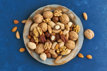 Photo for Classic blue in food. Mix of nuts on plate - walnut, almonds, pecans, macadamia and knife for opening shell. Healthy vegan food. Clean eating, balanced diet. Top view - Royalty Free Image
