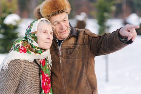 Téléchargez les photos : Couple de personnes âgées se détendre en hiver dans le parc. Heureux grand-père et grand-mère marchant ensemble - en image libre de droit