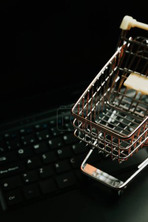 Photo for Shopping cart over a computer, concept electronic commerce, e commerce, buying online, copy space - Royalty Free Image