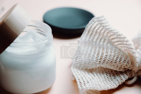 Photo for Various spa related objects on pink background, rear view. desktop background, top view, banner. Facial Skin care beauty treatment - Royalty Free Image