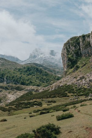 Photo for "Picturesque summer landscape of highland Beautiful landscape with mountains. Viewpoint panorama in Lagos de Covadonga, Picos de Europa National Park, Asturias, Spain" - Royalty Free Image