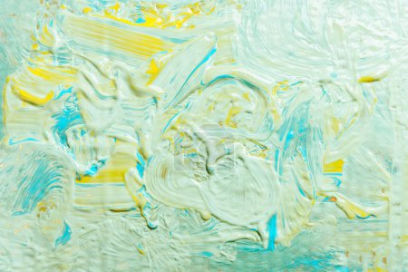 Photo for Colourful background of acrylic paint drops texture in blue yellow color, copy space, banner background - Royalty Free Image