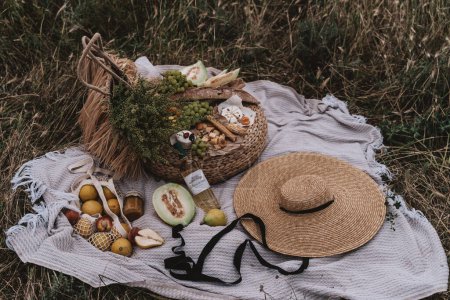 Foto de Vino y productos variados para el picnic de verano se sirven en una manta al aire libre - Imagen libre de derechos