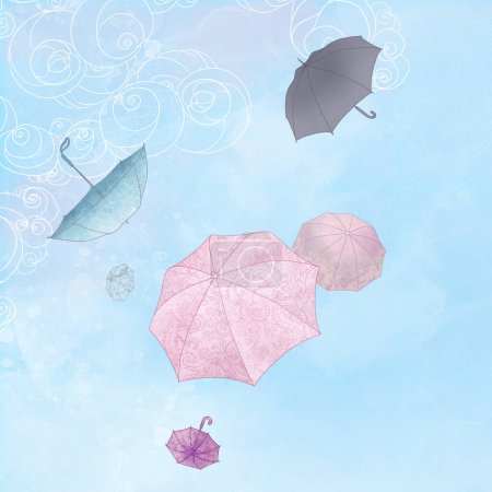 Photo for "Illustration of six umbrellas flying in a sky" - Royalty Free Image