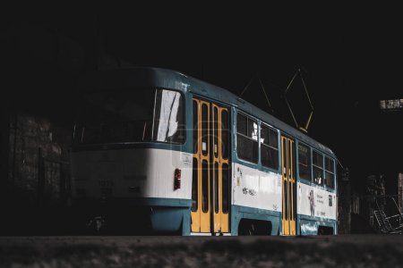 Photo for Czech Tram in lonely industrial rusty area Ostrava (train cabin streetcar) old TATRA T3 - Royalty Free Image