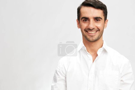 Photo for "smart businessman with glasses in white shirts hand gesture copy-space elegant style" - Royalty Free Image