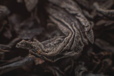 Téléchargez les photos : Extreme macro Black loose leaf tea as a background. Texture of dry black tea leaves in shallow depth of field. Dark background. macro mode. black leaf tea closeup - en image libre de droit