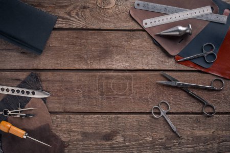 Photo for "Leather crafting. Tools flat lay still life" - Royalty Free Image