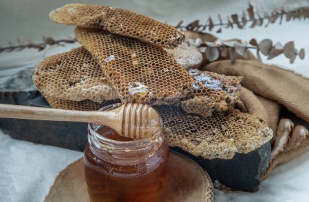 Téléchargez les photos : "nids d'abeilles frais avec bâton de trempette au miel en bois sur un pot en verre de miel. " - en image libre de droit
