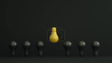 Photo for Yellow bulb inverted and higher among black bulbs on dark background. Leadership, authority, great idea concepts - Royalty Free Image