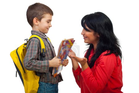 Photo for "Mother and son talking on first day of school" - Royalty Free Image