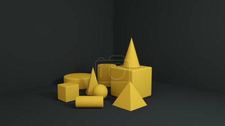 Téléchargez les photos : "Moderne Primitive jaune formes 3D dans le coin .Minimal fond abstrait pour la présentation du produit illustration 3d" - en image libre de droit