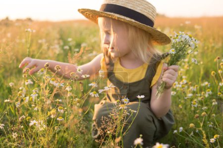 Téléchargez les photos : Petite fille blonde en chapeau de paille dans le champ avec un bouquet de marguerites - en image libre de droit