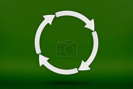 Téléchargez les photos : "Écologie, symbole de recyclage, flèches blanches forment un cercle. Image 3D sur fond vert. Produits verts, énergies renouvelables vertes, graphique de haut en bas" - en image libre de droit