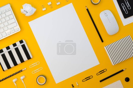 Photo for Flat lay office supplies with mouse headphones - Royalty Free Image