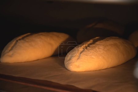 Foto de "Primer plano de dos espacios en blanco para rollos franceses de masa se encuentran en el horno para hornear pan" - Imagen libre de derechos